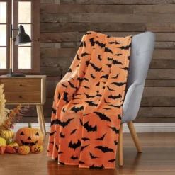 Kate Aurora Halloween Spooky Bats Pumpkin Orange & Black Ultra Soft & Plush Oversized Accent Throw Blanket - 50 In. W X 70 In. L