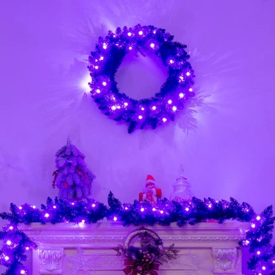 Costway 24inch Pre-lit Christmas Halloween Wreath Black W/ 35 Purple LED Lights 9 Costway 24inch Pre-lit Christmas Halloween Wreath Black W/ 35 Purple LED Lights - Image 9