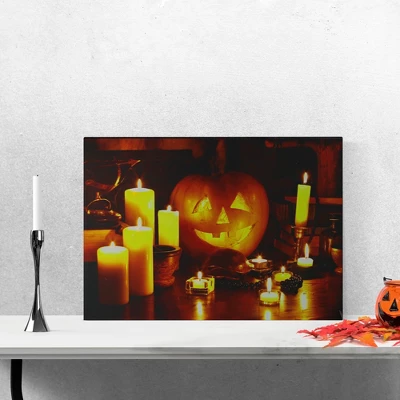 Northlight 19.5" Halloween Prelit LED Witch's Jack-O'-Lantern By Candlelight Canvas Wall Art - Orange/Yellow 1 Northlight 19.5" Halloween Prelit LED Witch's Jack-O'-Lantern By Candlelight Canvas Wall Art - Orange/Yellow