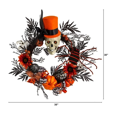 Nearly Natural 30” Spider And Skull With Top Hat Halloween Wreath 1 Nearly Natural 30” Spider And Skull With Top Hat Halloween Wreath