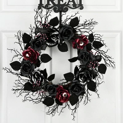 National Tree Company 22" Halloween Black Rose Wreath 3 National Tree Company 22" Halloween Black Rose Wreath - Image 3
