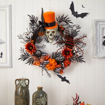 Nearly Natural 30” Spider And Skull With Top Hat Halloween Wreath 2 Nearly Natural 30” Spider And Skull With Top Hat Halloween Wreath - Image 2